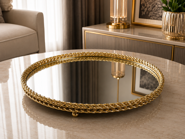 Royal Mirror Gold Aynalı Dekoratif Tepsi Lüks Salon Konsol Sehpa Dekoru& Sleep Nova