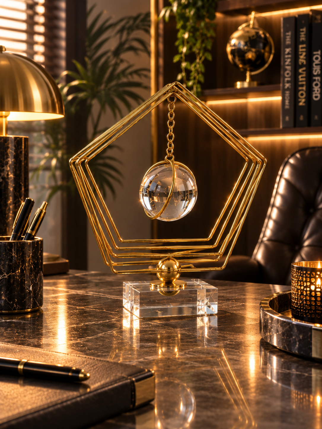 Gold Beşgen Çerçeveli Kristal Küre Dekoratif Masa Objesi