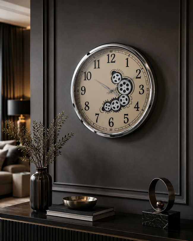 Silver Gear Dekoratif Duvar Saati – Gümüş Çerçeveli Büyük Boy Salon ve Ofis Saati& Sleep Nova