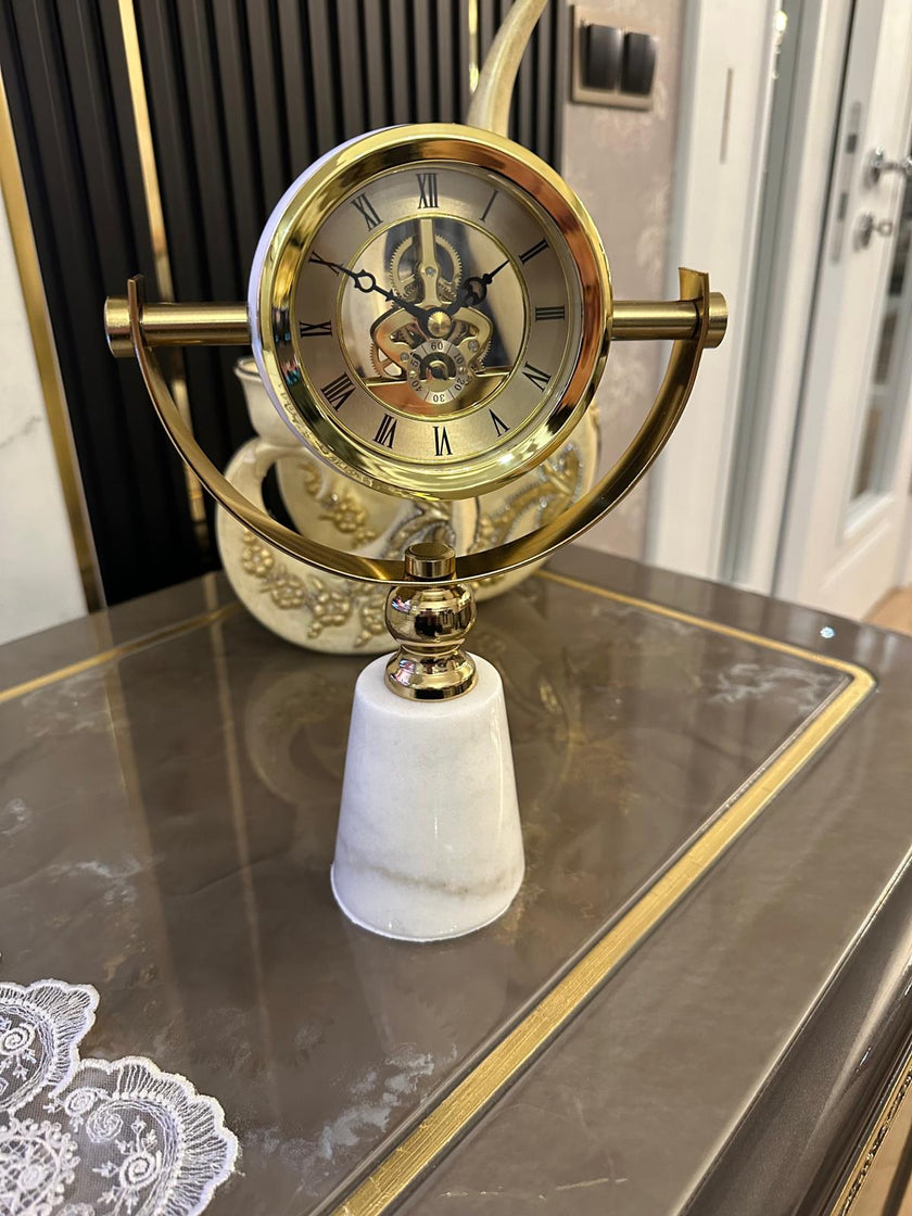 Lüks Gold İskelet Mekanizmalı Mermer Tabanlı Dekoratif Masa Saati& Sleep Nova