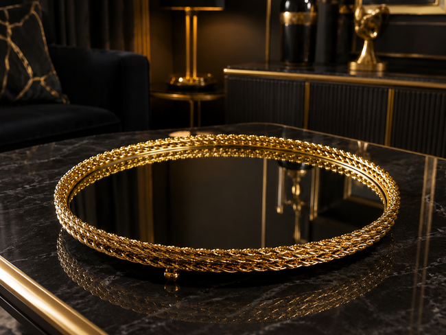 Royal Mirror Gold Aynalı Dekoratif Tepsi Lüks Salon Konsol Sehpa Dekoru& Sleep Nova