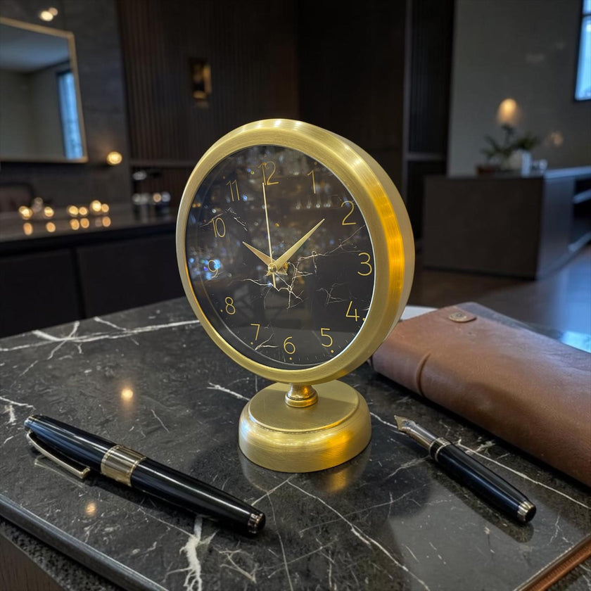 Prestige Gold Modern Masa Saati – Altın Çerçeveli Minimal Lüks Ofis & Ev Dekoratif Saat& Sleep Nova