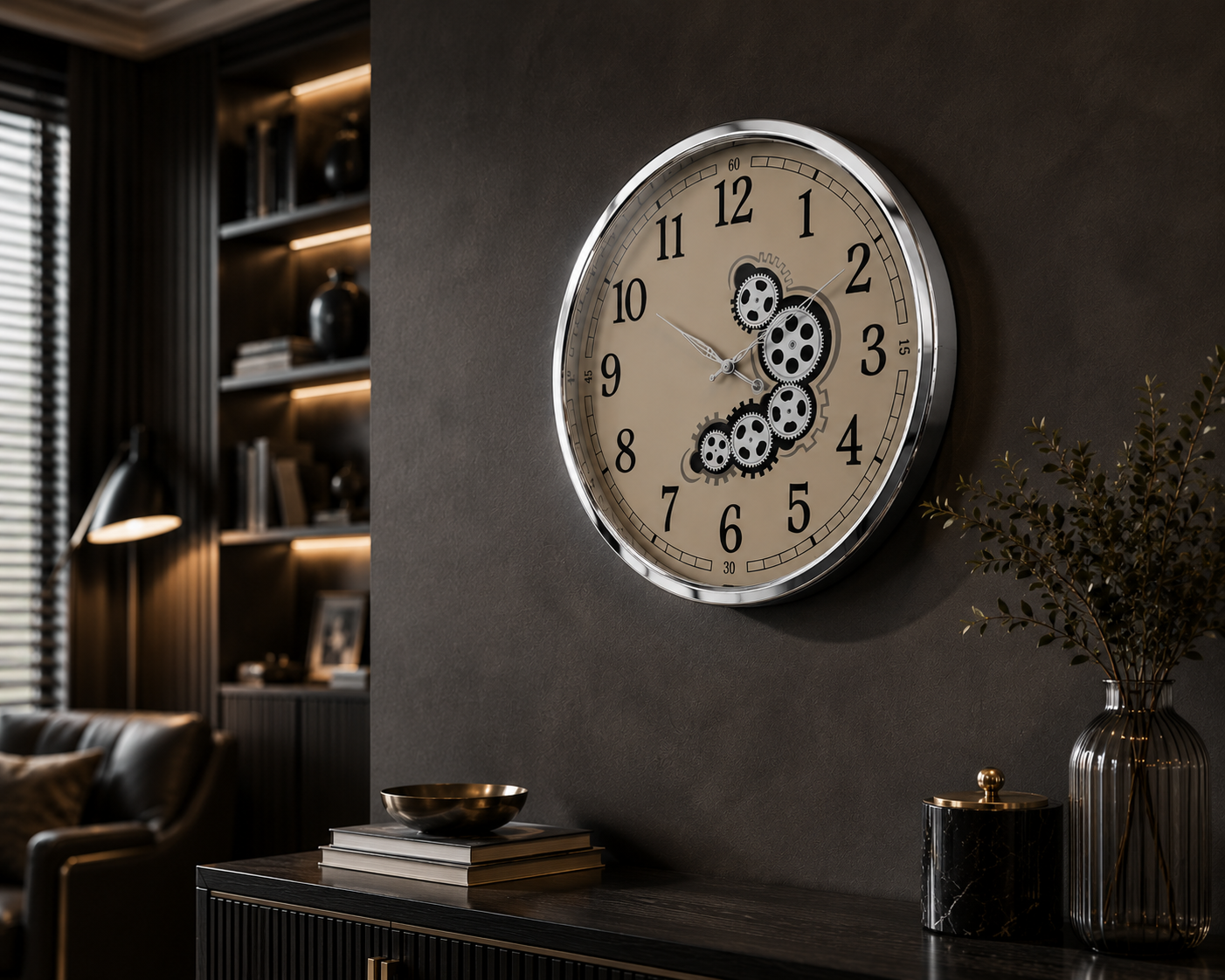 Silver Gear Dekoratif Duvar Saati – Gümüş Çerçeveli Büyük Boy Salon ve Ofis Saati& Sleep Nova