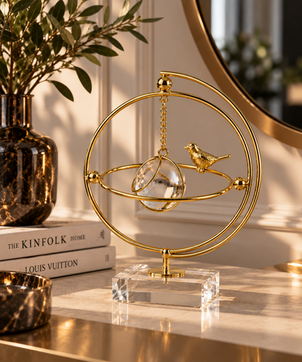Gold Kuş Figürlü Kristal Küre Dekoratif Masa Objesi