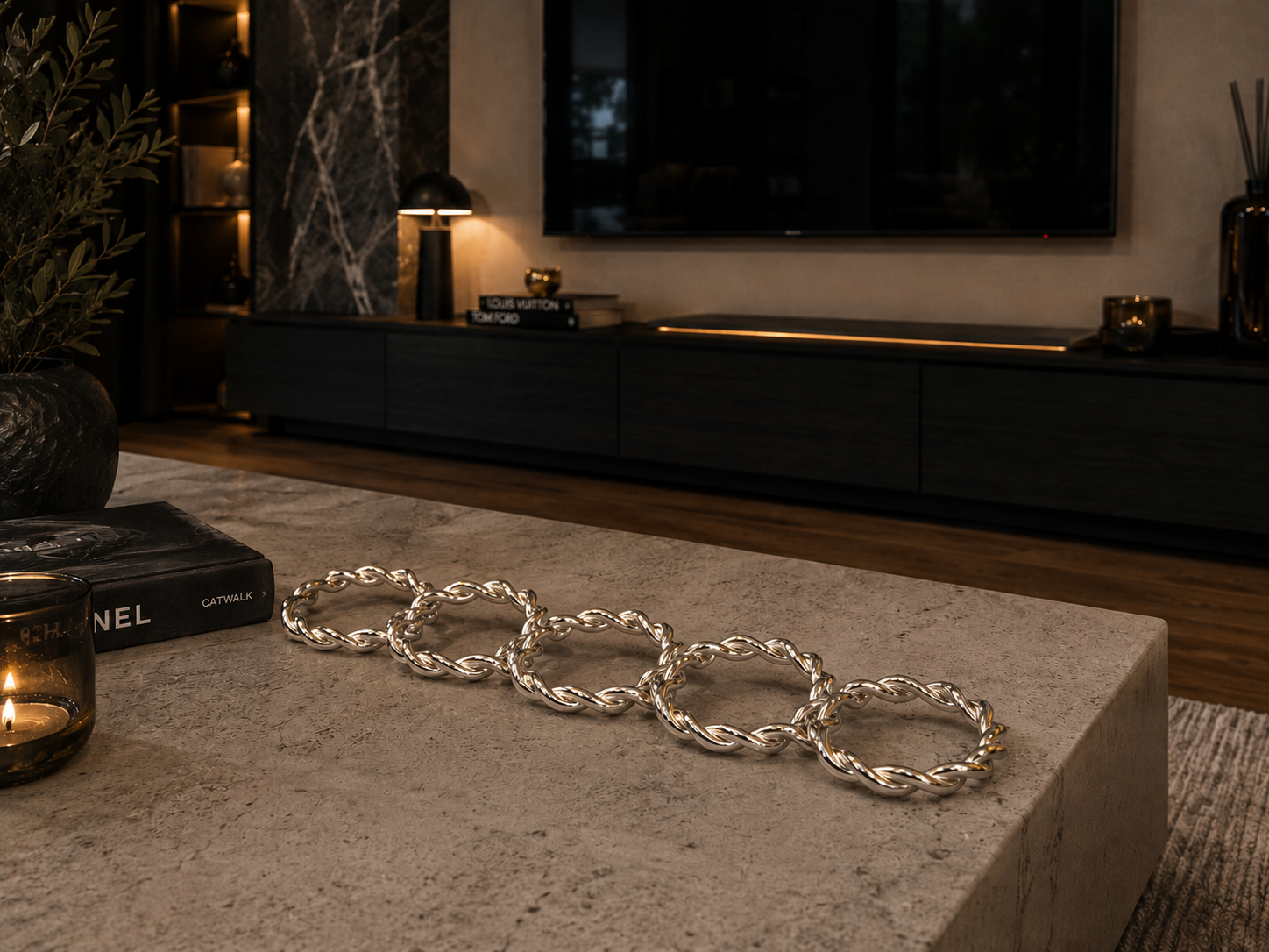 Silver Metal Zincir Halka Dekoratif Obje – Gümüş Modern Ofis & Salon Aksesuarı& Sleep Nova