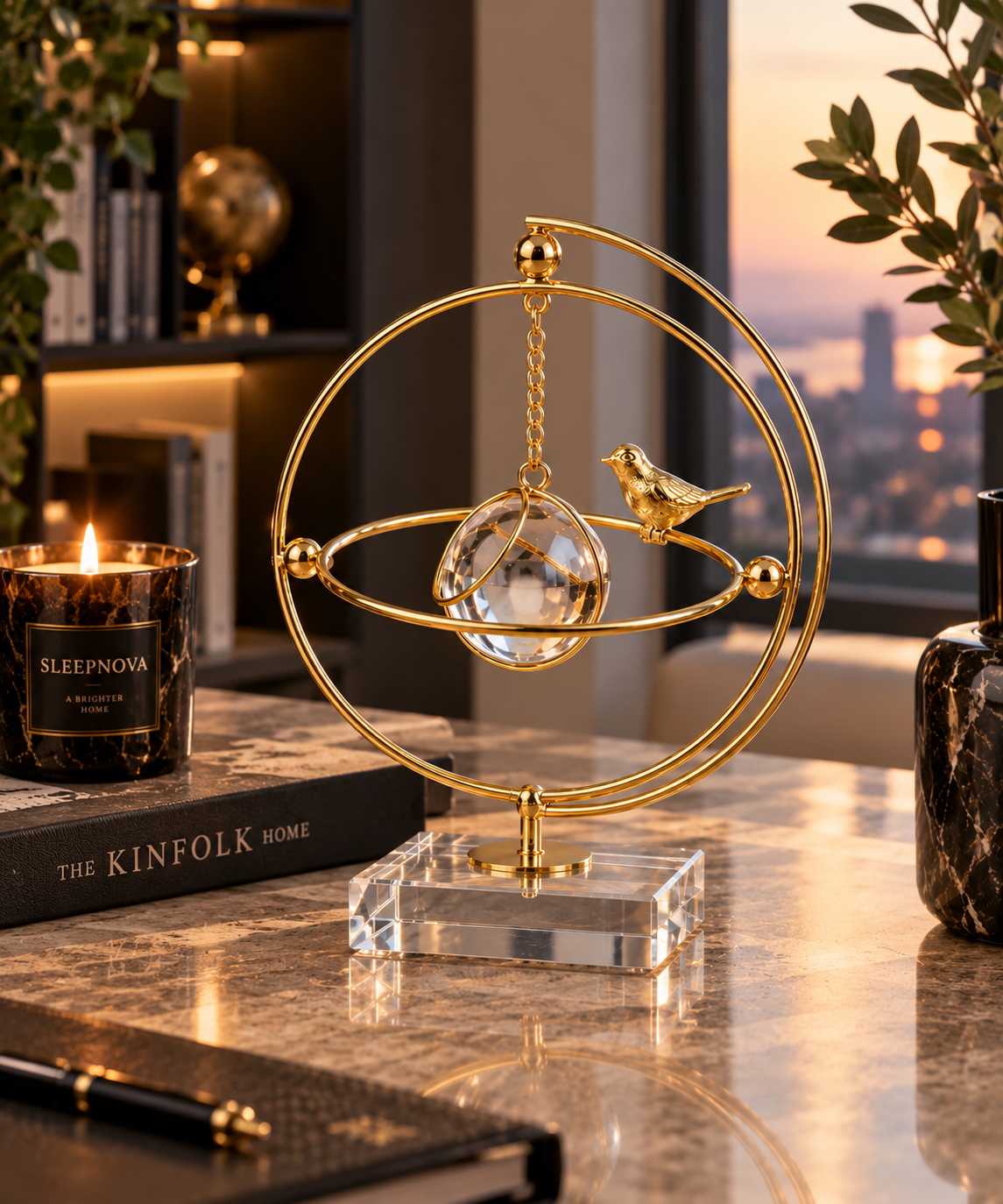 Gold Kuş Figürlü Kristal Küre Dekoratif Masa Objesi