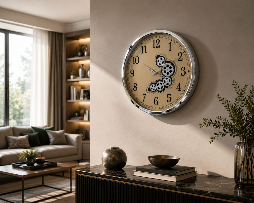 Silver Gear Dekoratif Duvar Saati – Gümüş Çerçeveli Büyük Boy Salon ve Ofis Saati& Sleep Nova