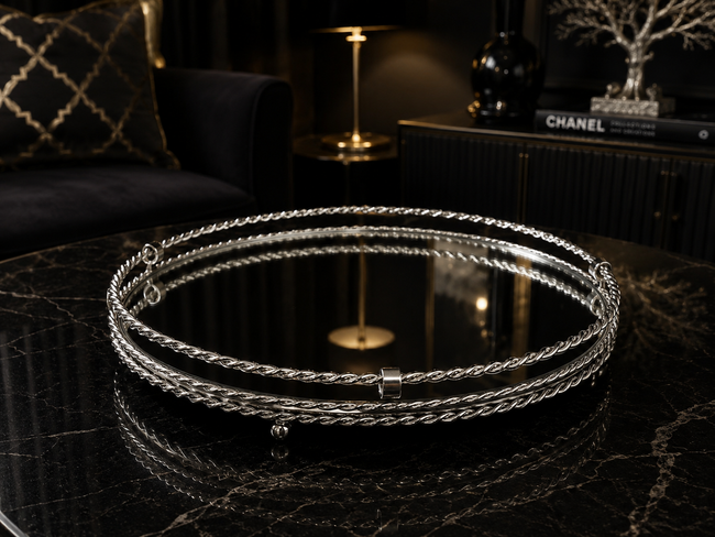 Silver Prestige Aynalı Dekoratif Tepsi Gümüş Metal Salon Konsol Sehpa Dekoru& Sleep Nova
