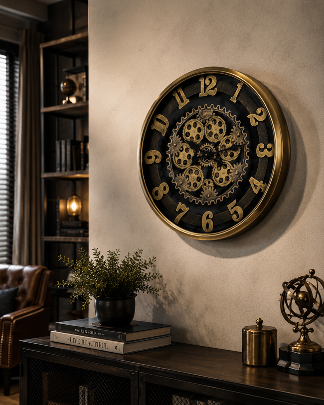 Gold Steampunk Dekoratif Duvar Saati – Çarklı Büyük Boy Salon ve Ofis Saati& Sleep Nova