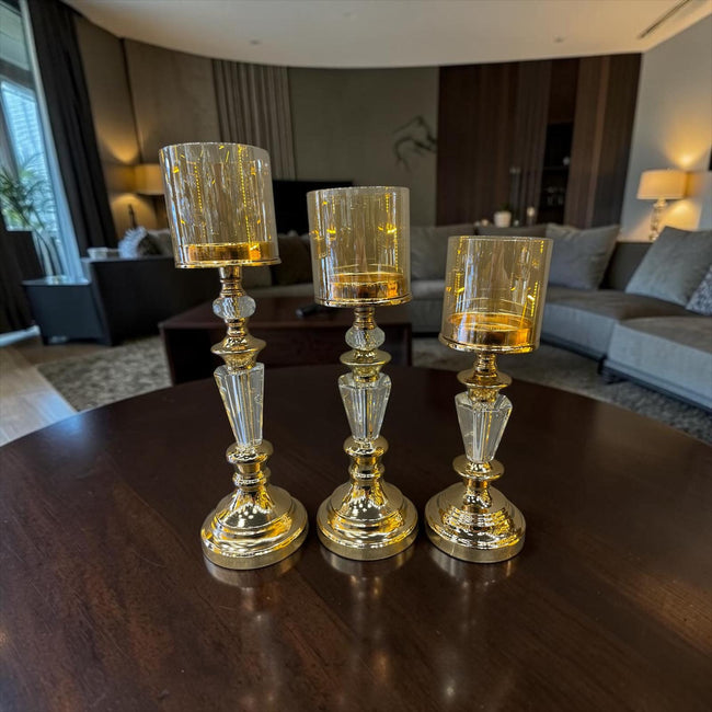 Crystal Gold Şamdan Mumluk Seti – Lüks Cam & Metal 3’lü Masa Üstü Dekoratif Aksesuar& Sleep Nova