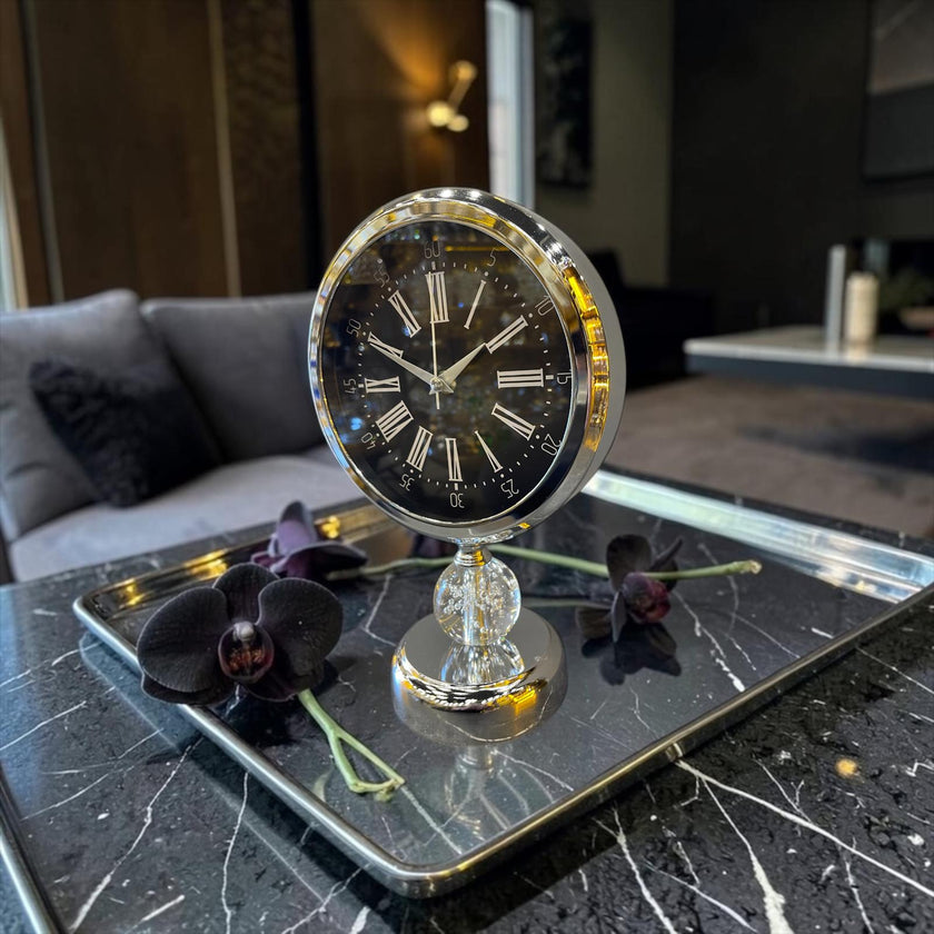 Lüks Kristal Ayaklı Masa Saati – Metal Kasa, Roma Rakamlı Dekoratif Saat, Modern Salon & Ofis Aksesuarı& Sleep Nova