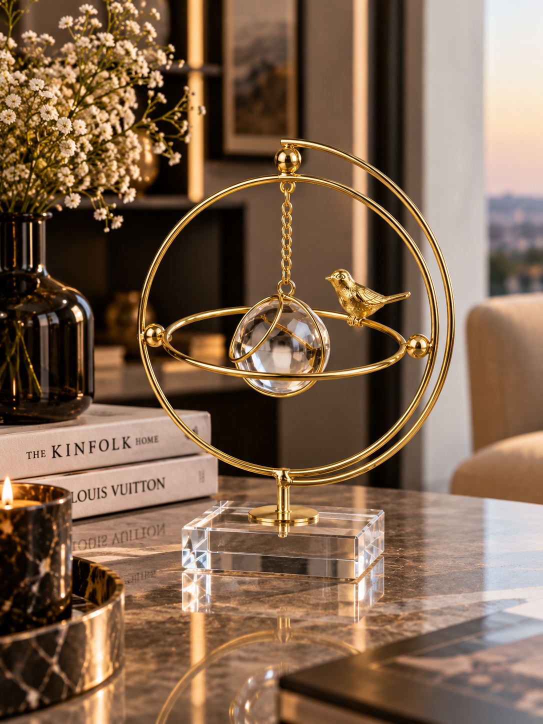 Gold Kuş Figürlü Kristal Küre Dekoratif Masa Objesi