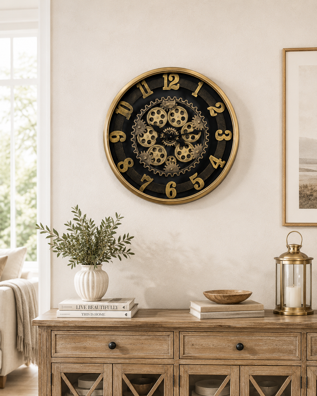 Gold Steampunk Dekoratif Duvar Saati – Çarklı Büyük Boy Salon ve Ofis Saati& Sleep Nova