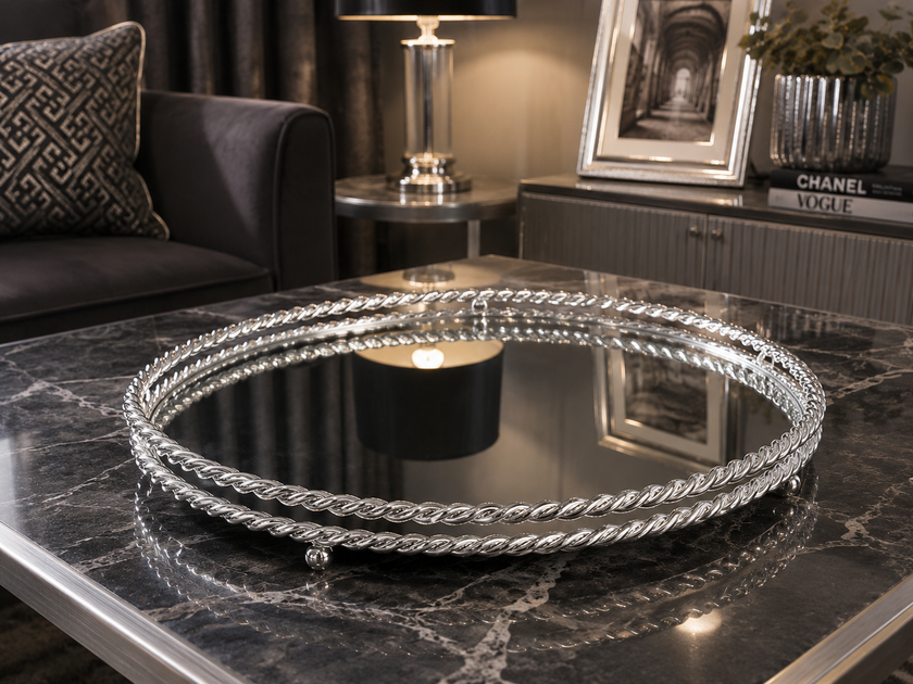 Silver Prestige Aynalı Dekoratif Tepsi Gümüş Metal Salon Konsol Sehpa Dekoru& Sleep Nova