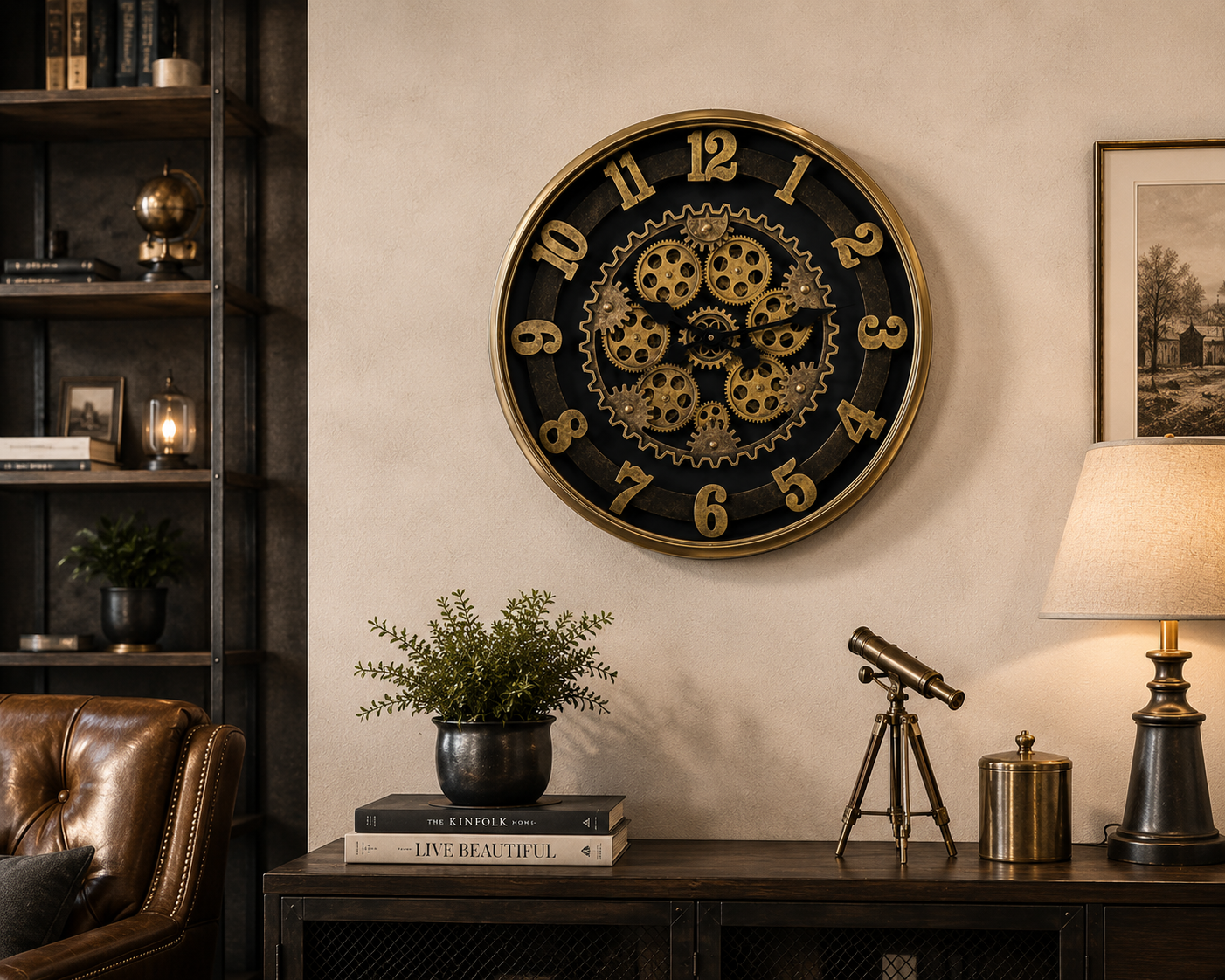 Gold Steampunk Dekoratif Duvar Saati – Çarklı Büyük Boy Salon ve Ofis Saati& Sleep Nova