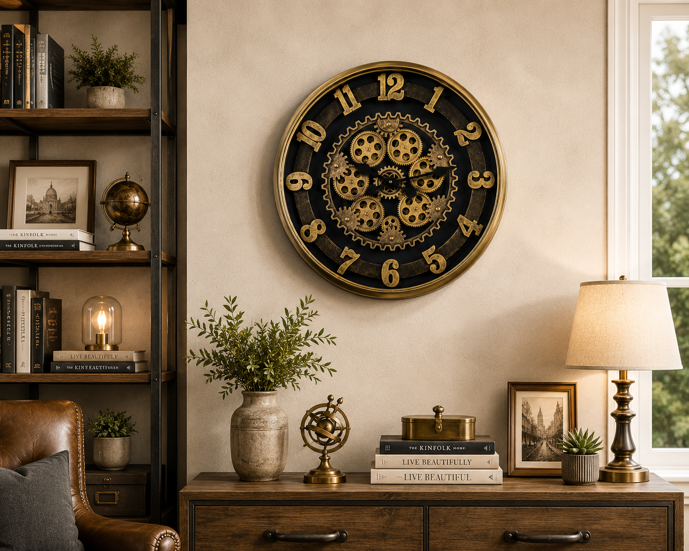 Gold Steampunk Dekoratif Duvar Saati – Çarklı Büyük Boy Salon ve Ofis Saati& Sleep Nova