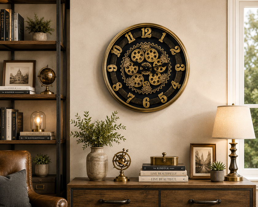Gold Steampunk Dekoratif Duvar Saati – Çarklı Büyük Boy Salon ve Ofis Saati& Sleep Nova