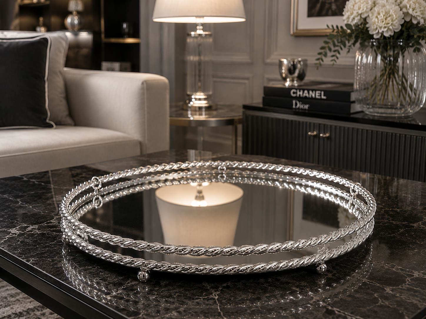 Silver Prestige Aynalı Dekoratif Tepsi Gümüş Metal Salon Konsol Sehpa Dekoru& Sleep Nova