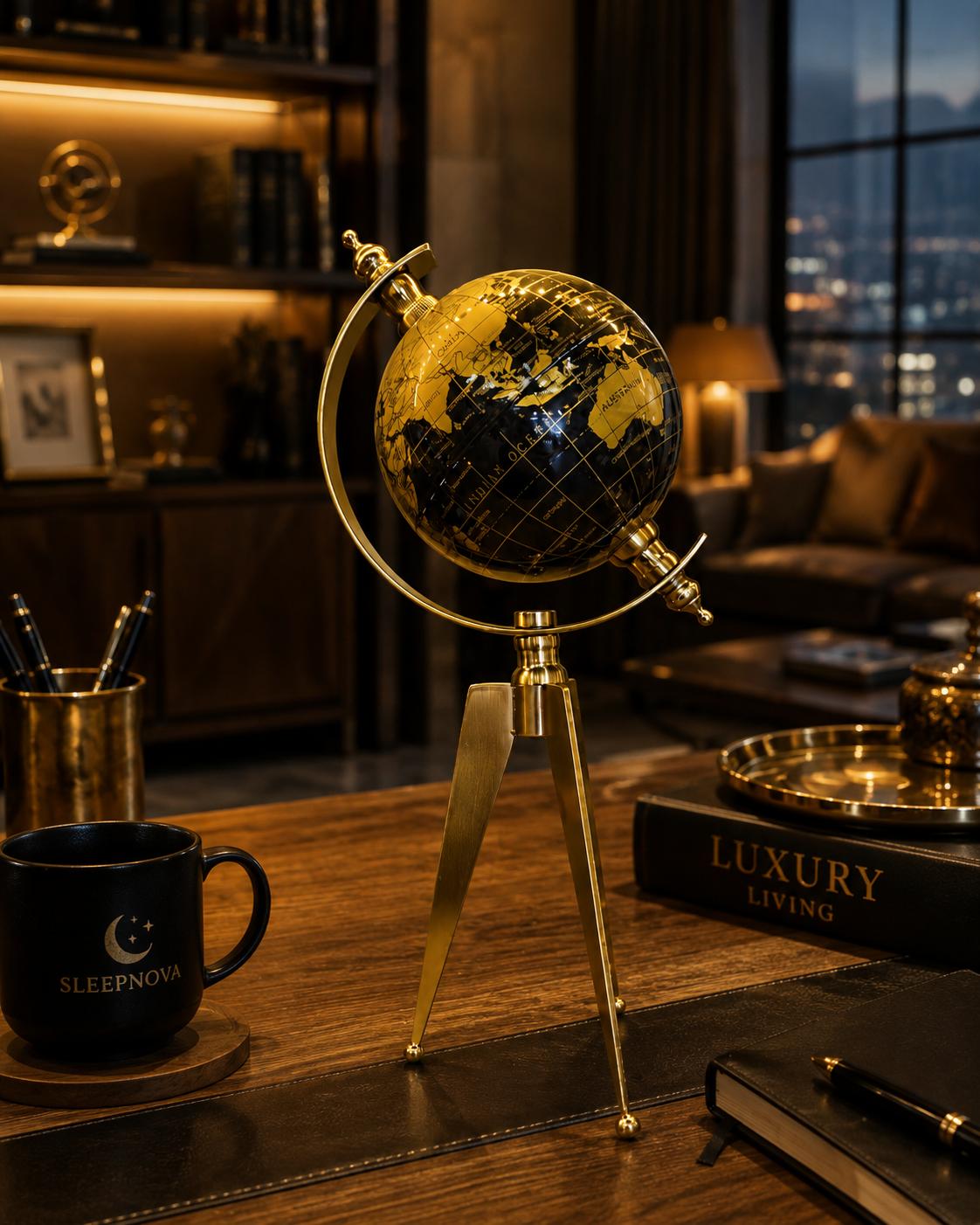 Gold Siyah Dekoratif Dünya Küresi – Metal Tripod Ayaklı Lüks Masaüstü Globe& Sleep Nova