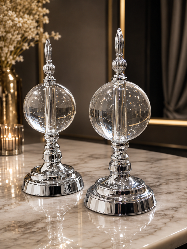 Silver Crystal Cam Küre Dekoratif Obje Seti – Gümüş Metal Modern Salon & Ofis Aksesuarı (2'li)& Sleep Nova
