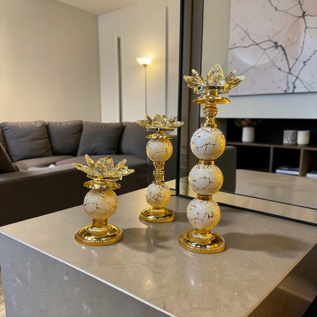 Lotus Kristal Dekoratif Şamdan Mumluk Gold Beyaz Mermer Desenli Salon Masa Dekoru& Sleep Nova