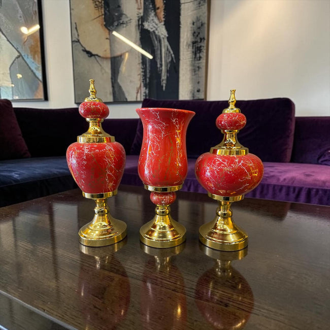 Royal Red Marble Dekoratif Vazo & Obje Seti – Gold Detaylı Lüks Salon Aksesuarı (3’lü)& Sleep Nova