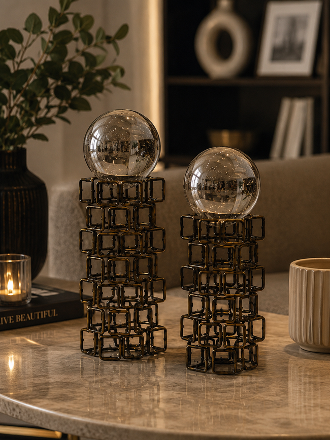 Infinity Sphere Dekoratif Metal Küre Biblo Seti Siyah Modern Salon Konsol Ofis Dekoru 2'li& Sleep Nova