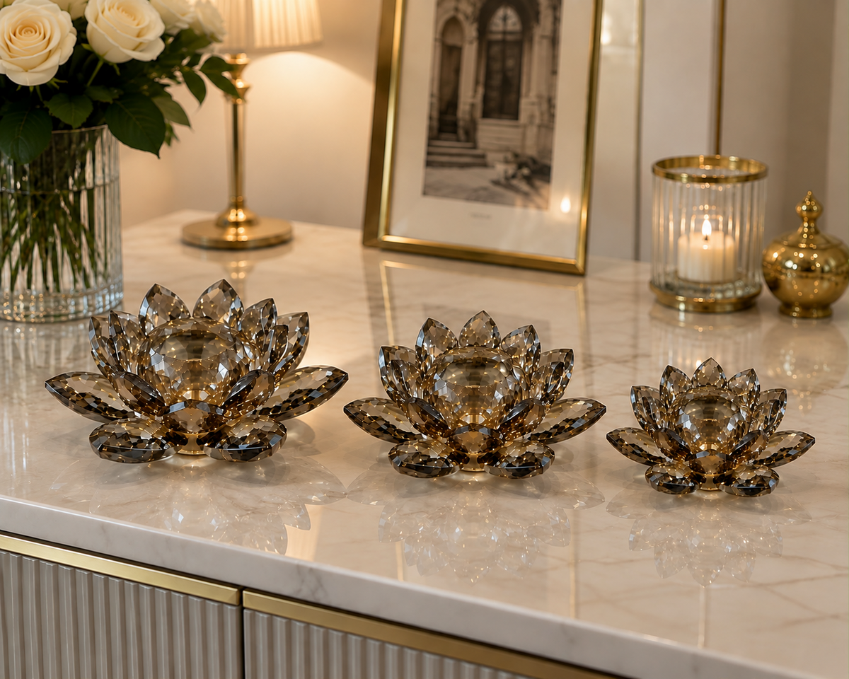 Kristal Lotus Çiçeği Dekoratif Obje 3’lü Set
