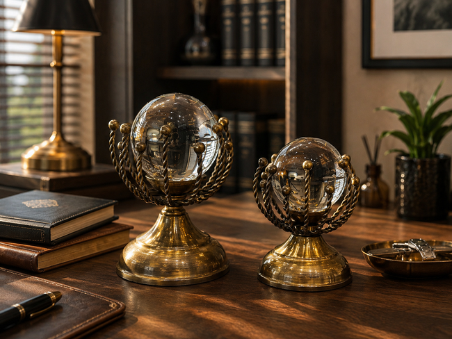 Eskitme Cam Küre Dekoratif Obje Seti – Vintage Metal Salon & Ofis Aksesuarı (2'li)& Sleep Nova