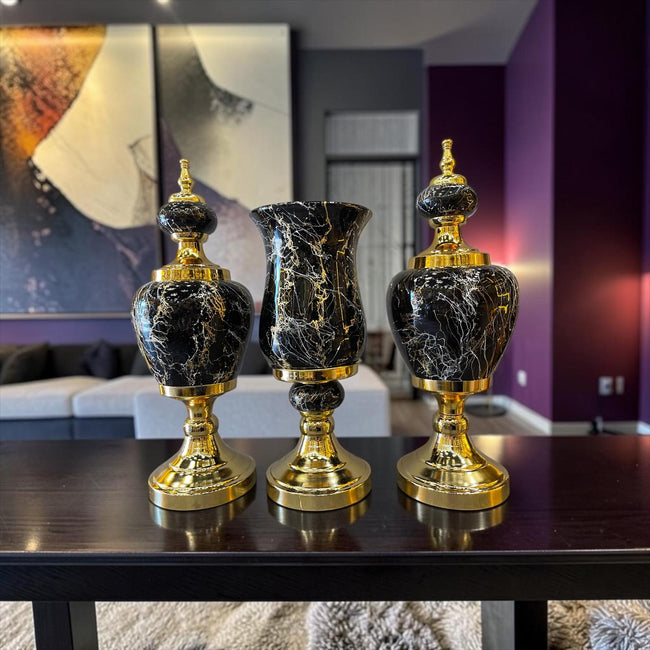 Royal Black Marble Dekoratif Vazo & Obje Seti – Gold Detaylı Lüks Salon Aksesuarı (3’lü)& Sleep Nova