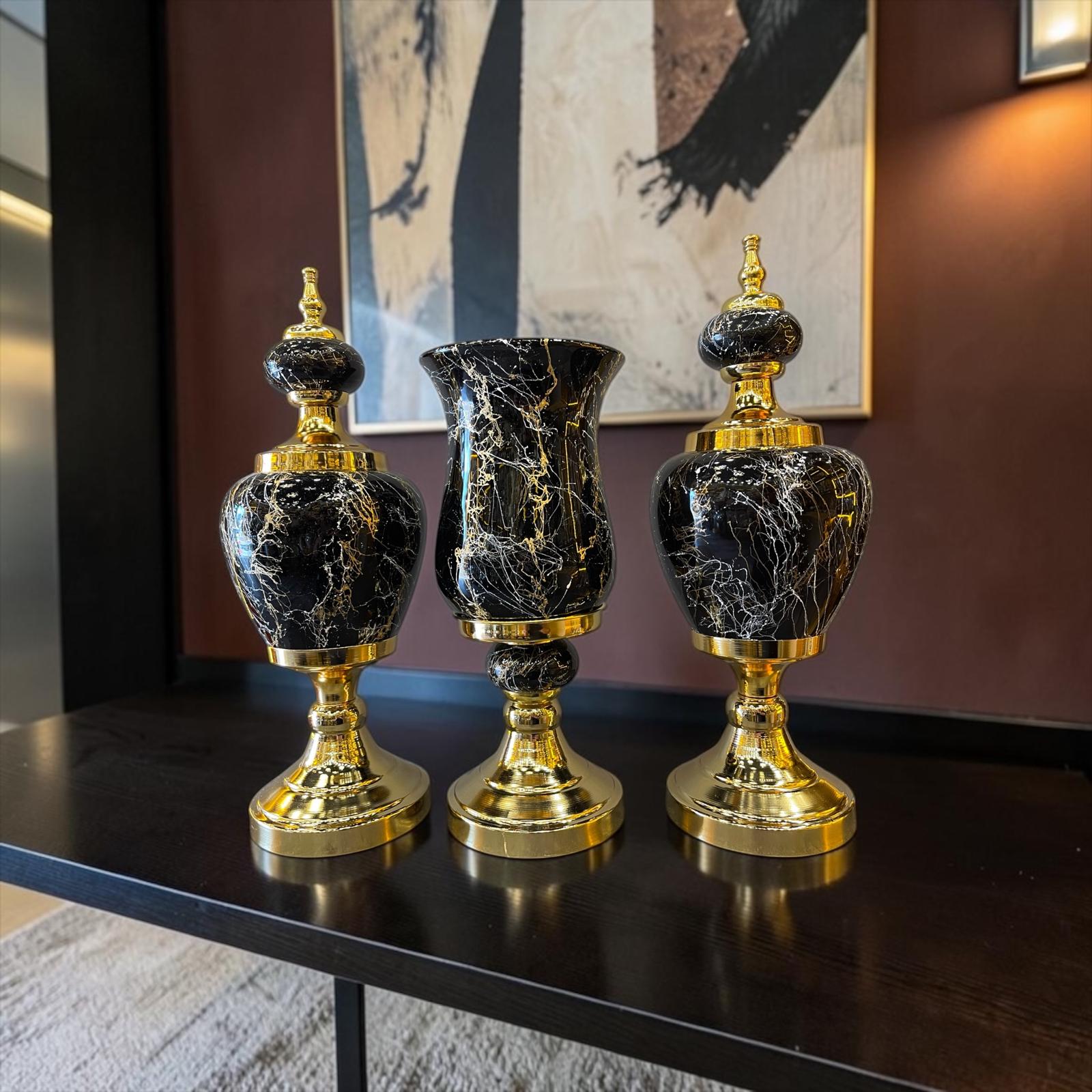 Royal Black Marble Dekoratif Vazo & Obje Seti – Gold Detaylı Lüks Salon Aksesuarı (3’lü)& Sleep Nova