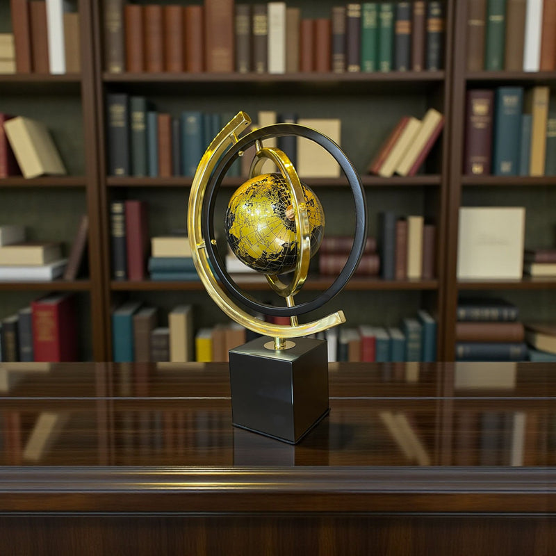 Atlas Noir Gold Dekoratif Dünya Küresi – Metal Ayaklı Lüks Masaüstü Ofis & Ev Dekoru