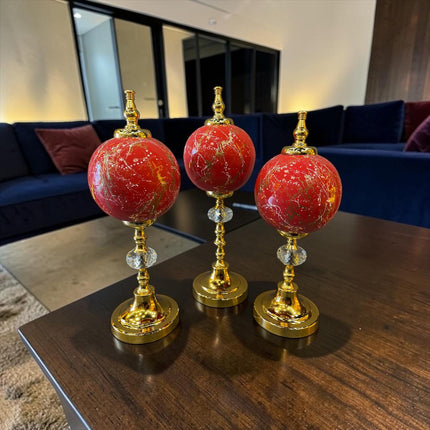 Ruby Gold Küre Dekoratif Obje Seti – Kırmızı Mermer Desenli Lüks Modern Masa Üstü Ev Aksesuarı& Sleep Nova