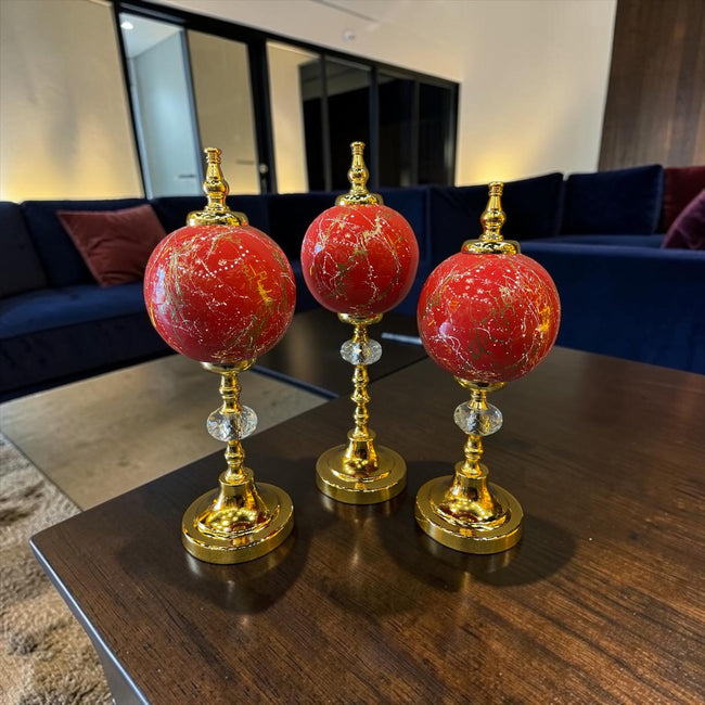 Ruby Gold Küre Dekoratif Obje Seti – Kırmızı Mermer Desenli Lüks Modern Masa Üstü Ev Aksesuarı& Sleep Nova