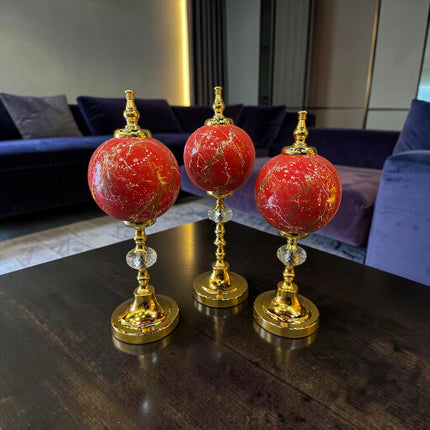 Ruby Gold Küre Dekoratif Obje Seti – Kırmızı Mermer Desenli Lüks Modern Masa Üstü Ev Aksesuarı& Sleep Nova
