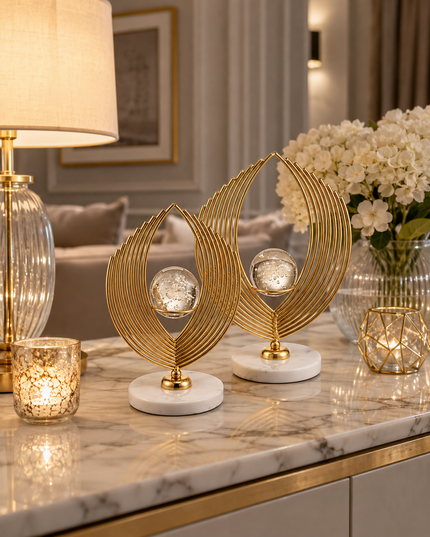 Gold Kristal Küreli Yaprak Formlu Dekoratif Obje 2’li Set