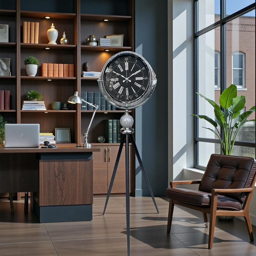 Royal Tripod Büyük Boy Metal Ayaklı Dekoratif Zemin Saati – Vintage Ofis & Salon Saat (Gümüş)& Sleep Nova