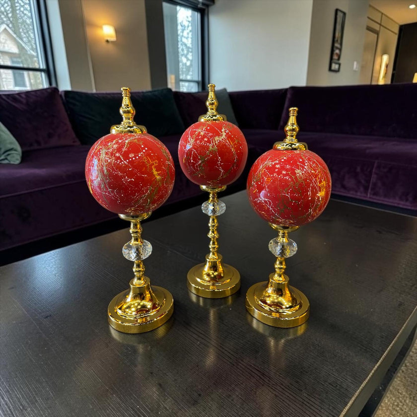 Ruby Gold Küre Dekoratif Obje Seti – Kırmızı Mermer Desenli Lüks Modern Masa Üstü Ev Aksesuarı& Sleep Nova