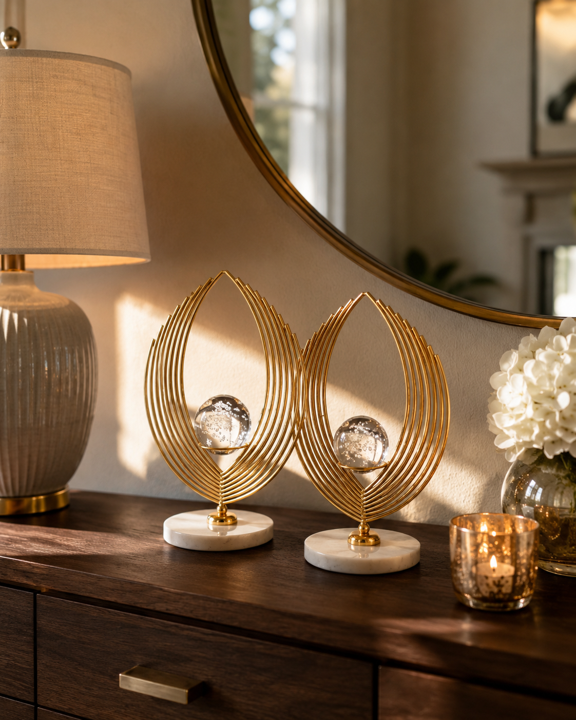 Gold Kristal Küreli Yaprak Formlu Dekoratif Obje 2’li Set