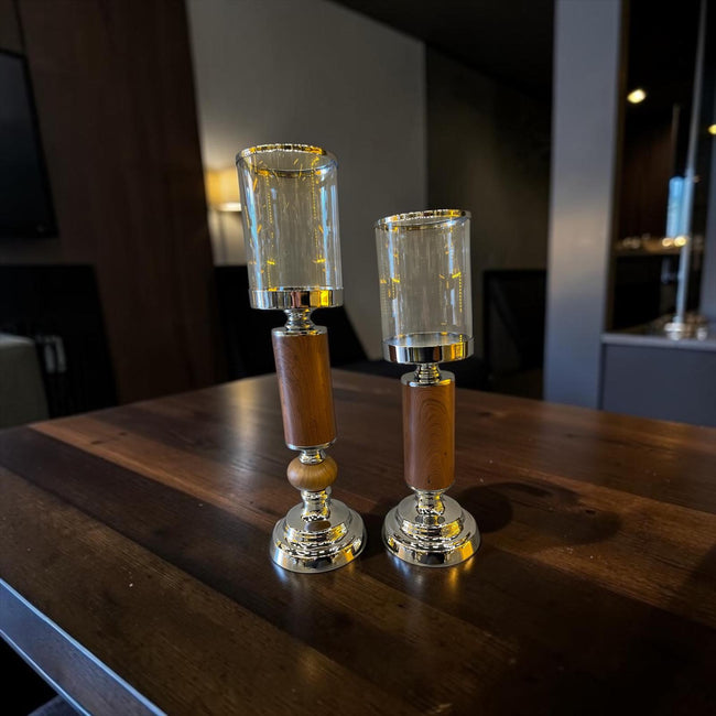 WoodGold Cam Mumluk & Ahşap Detaylı Şamdan Seti (İkili)& Sleep Nova