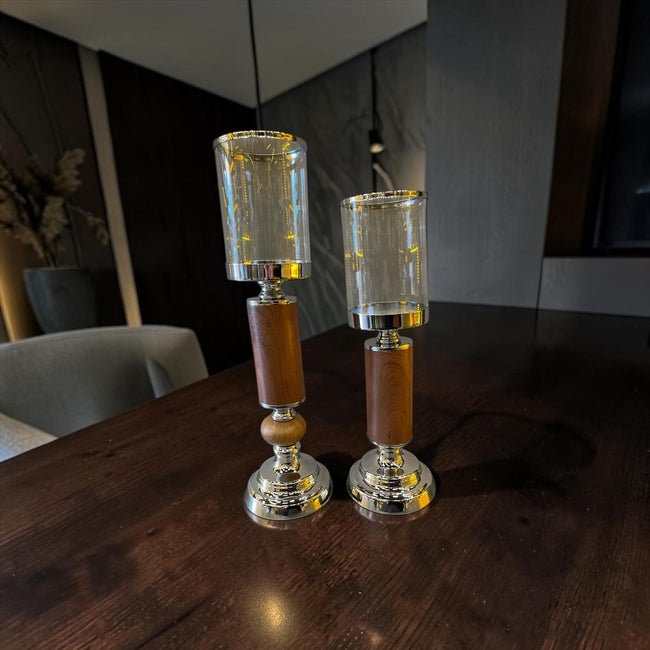 WoodGold Cam Mumluk & Ahşap Detaylı Şamdan Seti (İkili)& Sleep Nova