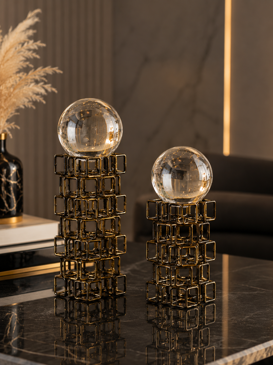 Infinity Sphere Dekoratif Metal Küre Biblo Seti Siyah Modern Salon Konsol Ofis Dekoru 2'li& Sleep Nova