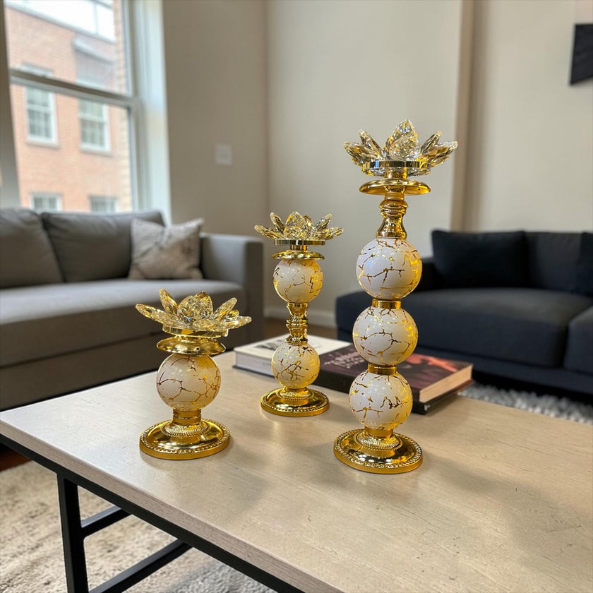 Lotus Kristal Dekoratif Şamdan Mumluk Gold Beyaz Mermer Desenli Salon Masa Dekoru& Sleep Nova