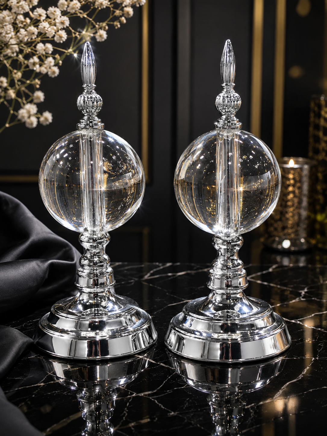 Silver Crystal Cam Küre Dekoratif Obje Seti – Gümüş Metal Modern Salon & Ofis Aksesuarı (2'li)& Sleep Nova