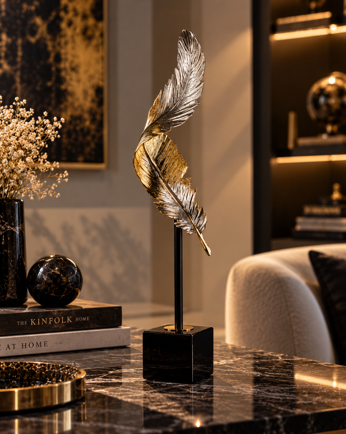 Gold Gümüş Tüy Figürlü Dekoratif Masa Objesi
