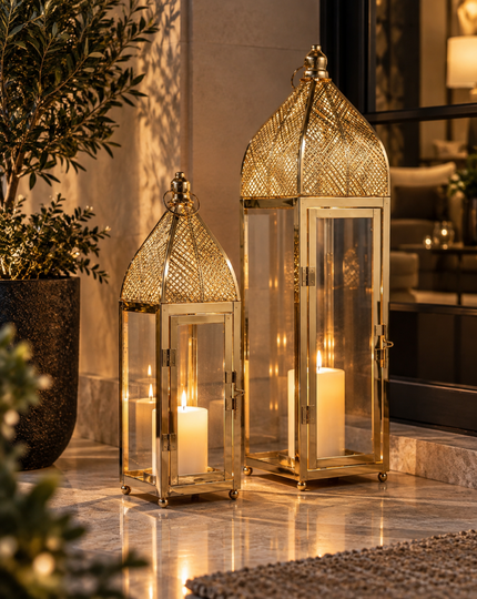 Gold Metal Camlı Dekoratif Fener 2’li Set