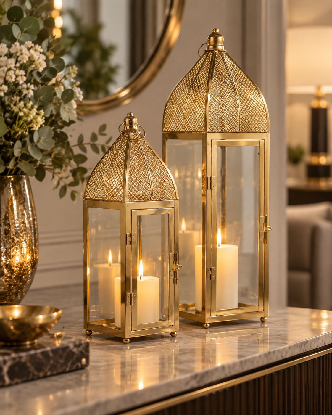 Gold Metal Camlı Dekoratif Fener 2’li Set
