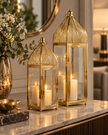Gold Metal Camlı Dekoratif Fener 2’li Set