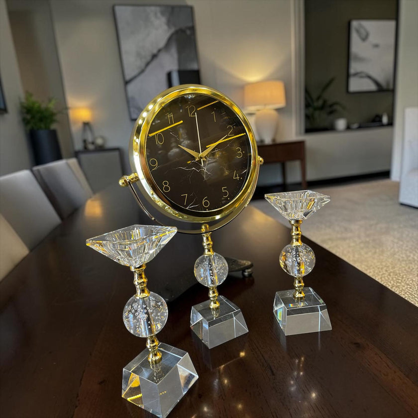 Crystal Gold Dekoratif Masa Saati Seti – Lüks Cam & Metal Modern Salon ve Ofis Aksesuarı& Sleep Nova