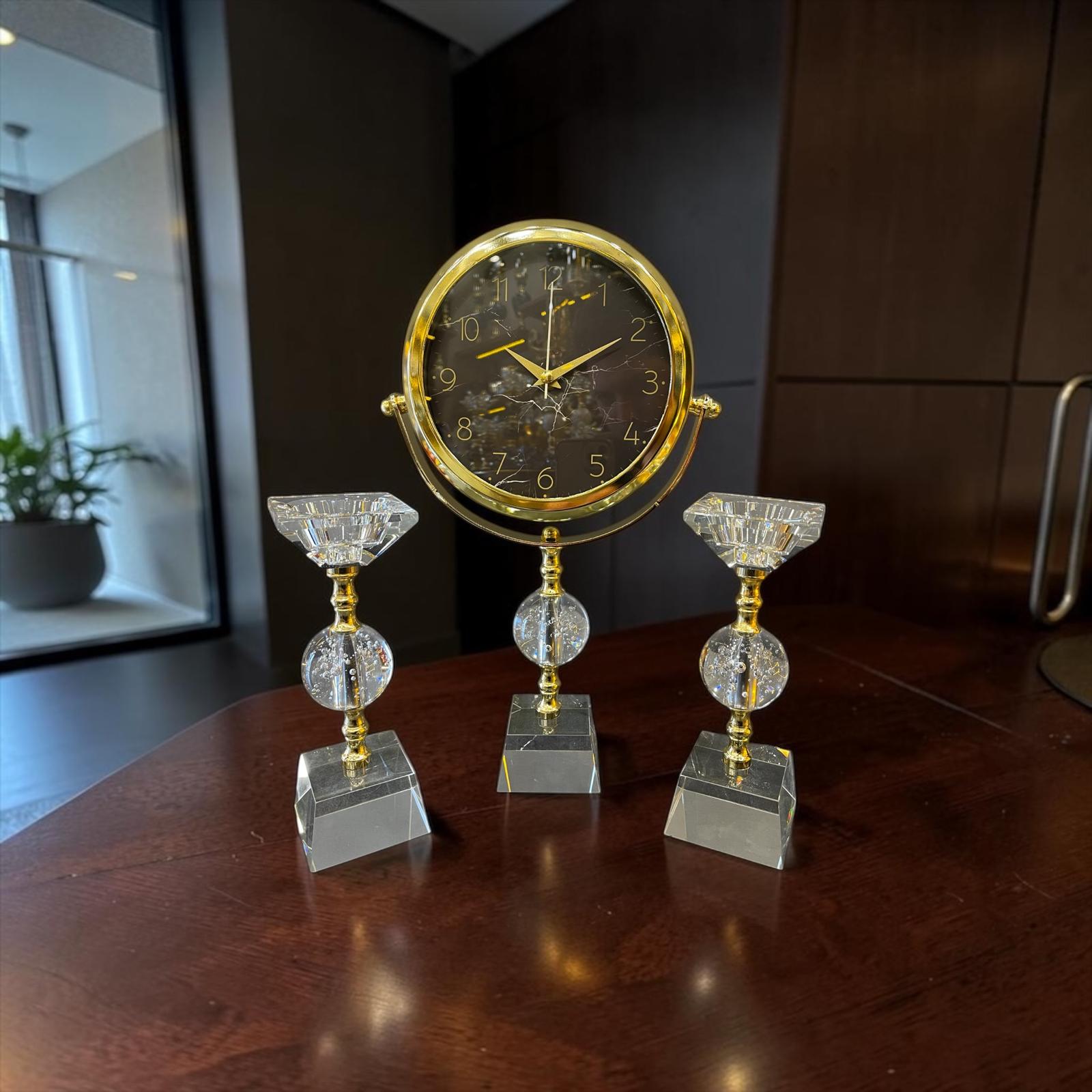 Crystal Gold Dekoratif Masa Saati Seti – Lüks Cam & Metal Modern Salon ve Ofis Aksesuarı& Sleep Nova